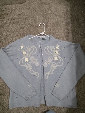 VINTAGE Cozy Light Blue Embroidered Cardigan Sweater - Classic Women’s Layer